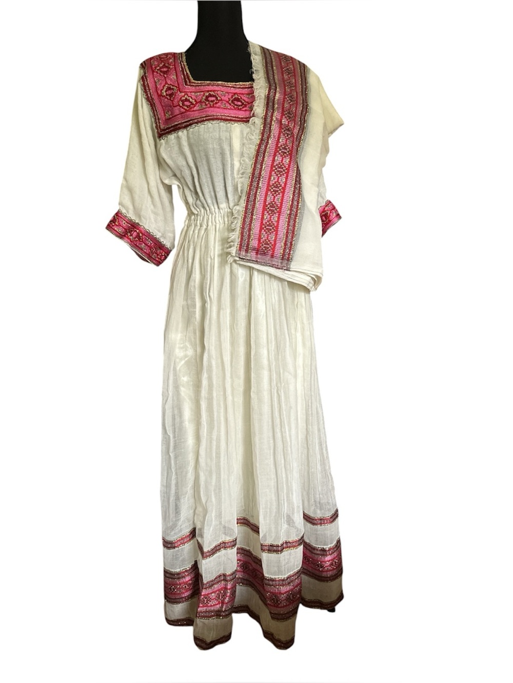 Ethiopian Eritrean White & Pink Embroidered Women's Dress with Matching Scarf